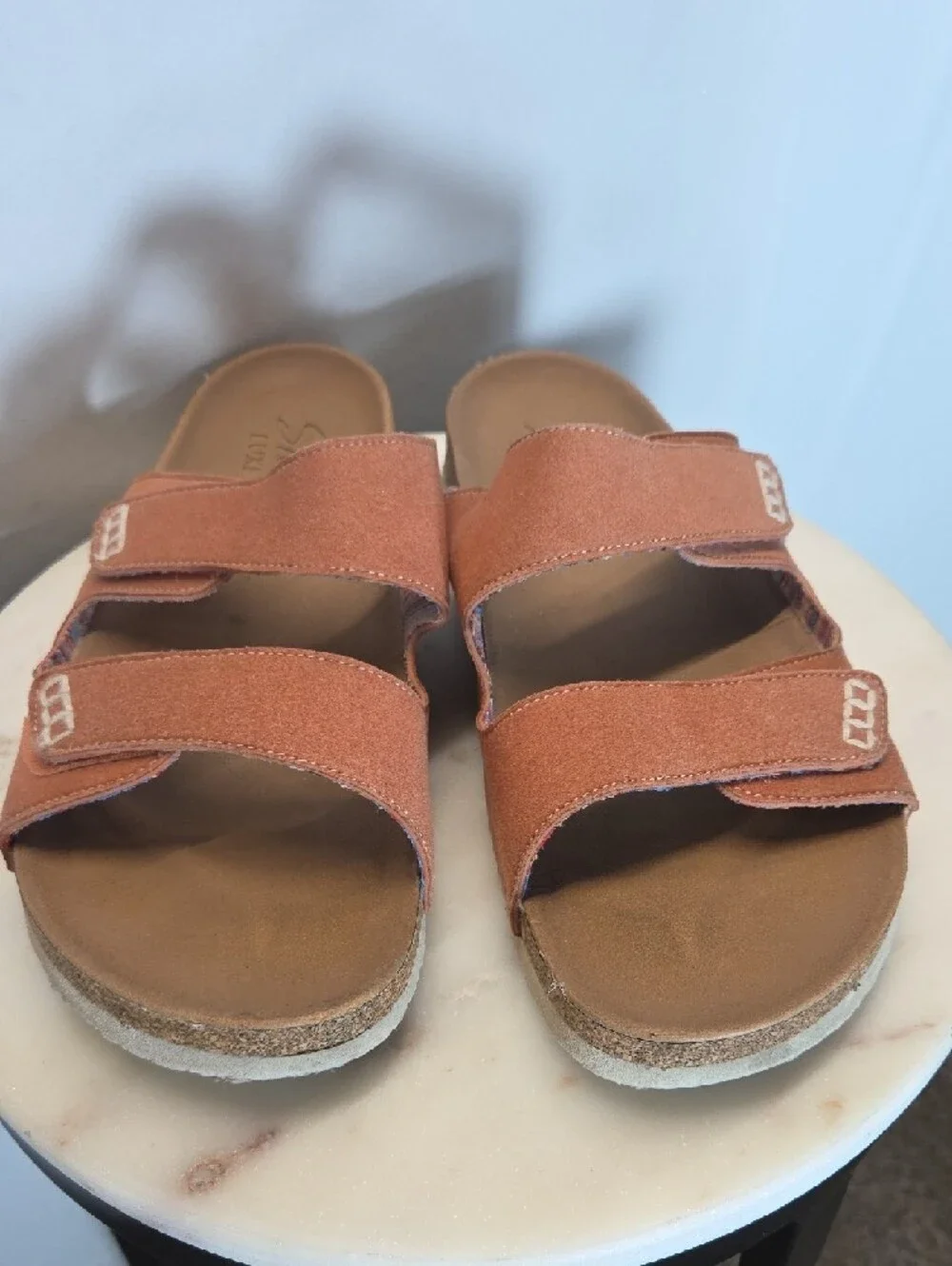 Skechers Women's Rust Faux Suede Double-Strap Cork Slide Sandals